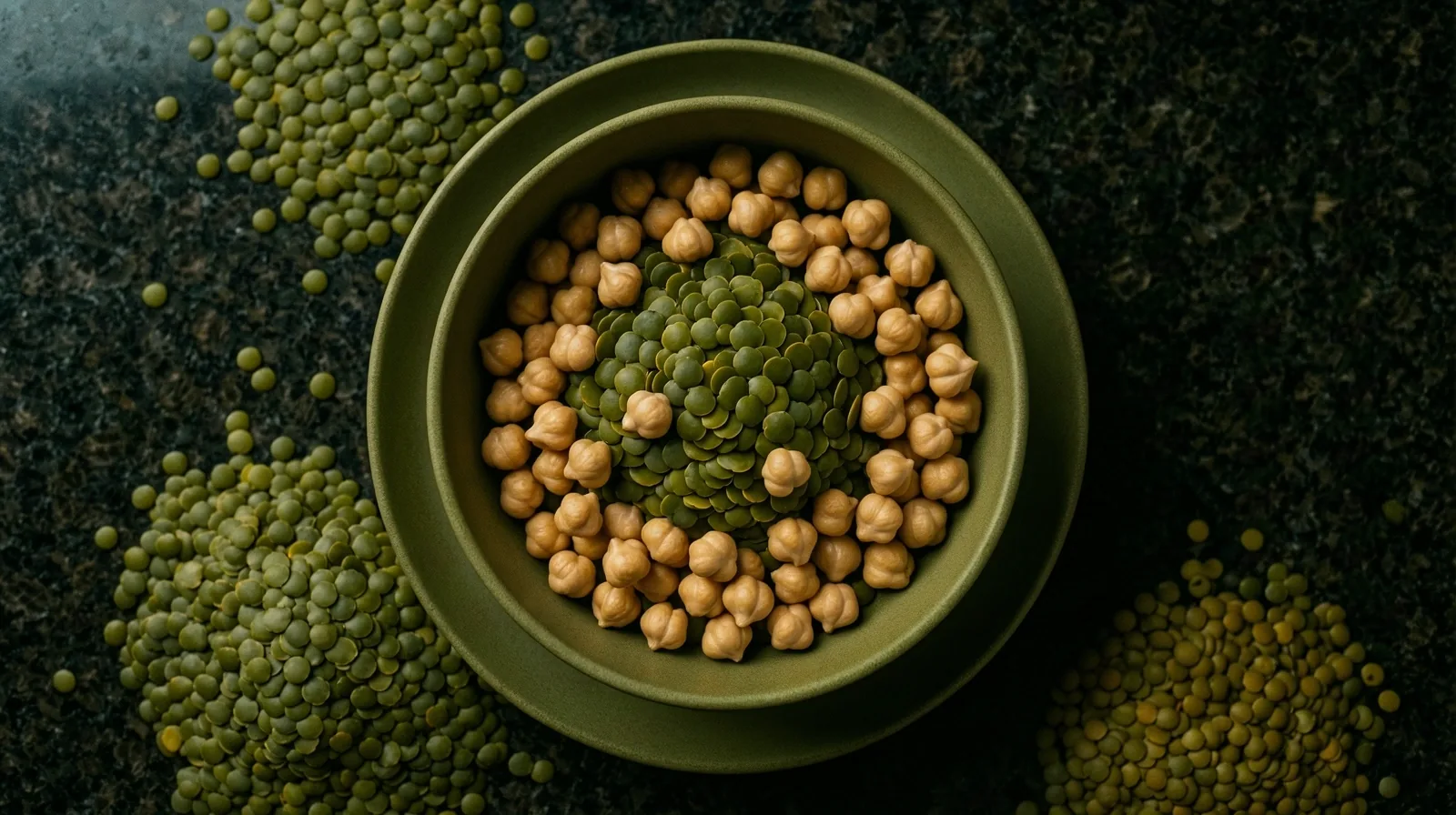 Geometric arrangement of raw legumes and protein sources